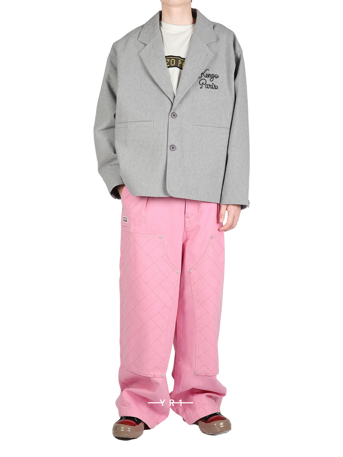 KENZO Paris grey chainstitch workwear jacket with pink pants front view
