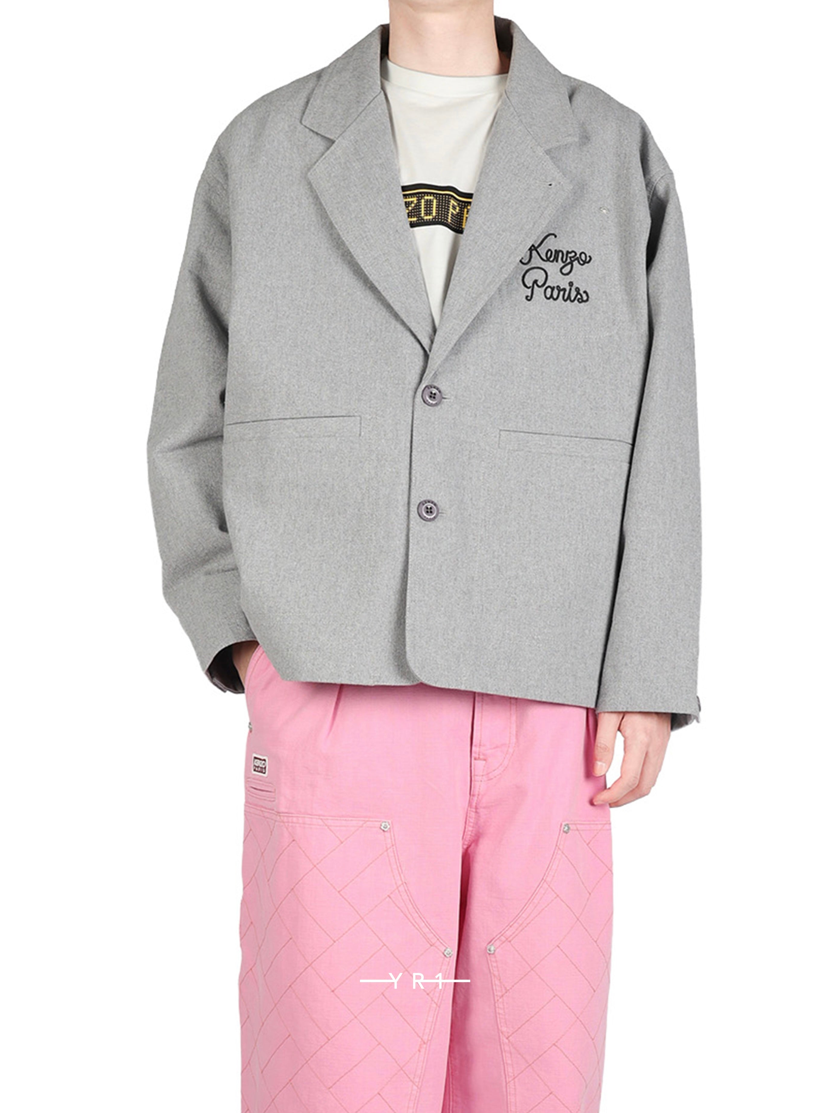KENZO Paris grey chainstitch workwear jacket with pink pants front view
